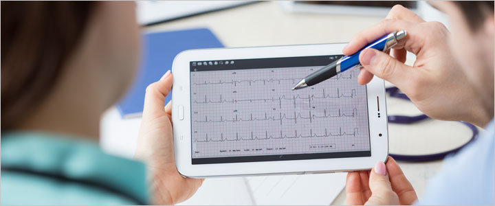Veterinarian reviewing EKG results on a tablet during a cardiac diagnostic appointment in Murrieta